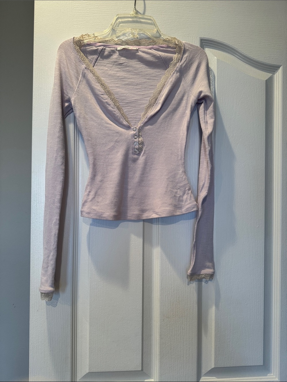 Free People Lace-Trim Henley Long Sleeve Top - Light Lavender